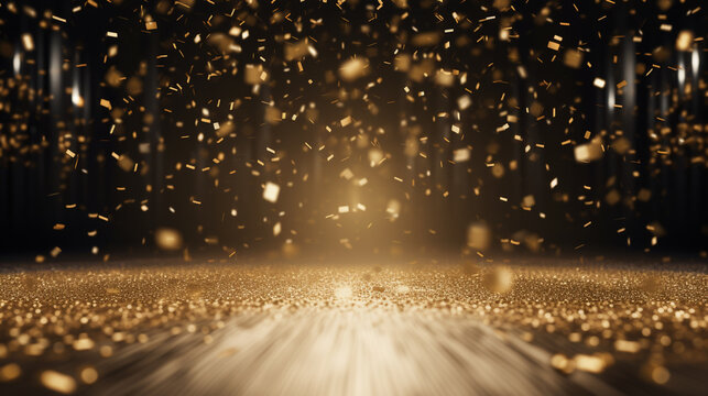 Golden confetti cascades down like a joyous rainfall, descending upon a vibrant and festive stage. 