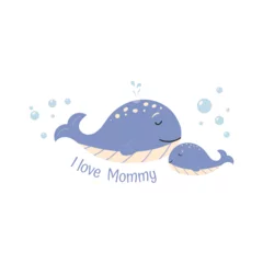 Foto auf Alu-Dibond Cute baby lettering with an adult and a baby whales. I love Mommy phrase with animals. Vector cartoon illustration for nursery fabric, decor, clothes, and t-shirts in pastel colors. © Anna