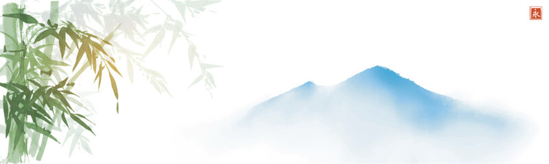 Landscape with green bamboo tree in fog and blue misty mountains. Traditional oriental ink painting sumi-e, u-sin, go-hua. Translation of hieroglyph - eternity