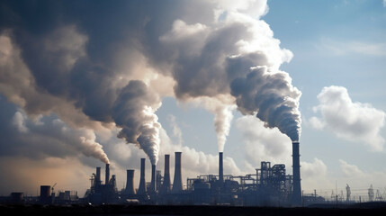 Power plant with smoking chimneys on a background of blue sky.Factories release CO2 into the atmosphere.Concept of carbon trading market.Atmospheric pollution,air pollution concept. - obrazy, fototapety, plakaty