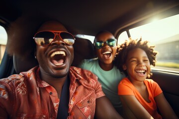 Happy african american family of father and children enjoying road trip together, AI Generative