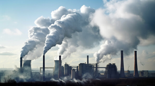 Smoke from the chimneys of a power plant on a background of blue sky.Concept of carbon trading market.Concept of carbon dioxide emissions, global warming and climate change.Air pollution concept.