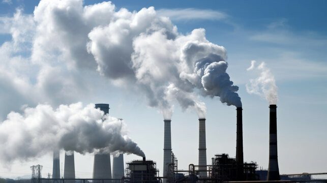 Industrial landscape with chimneys of power plant against blue sky.Factories pollute nature with their smoke.Concept of carbon trading market.Atmospheric pollution,air pollution concept.
