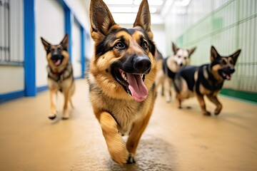 Happy dogs at a doggy day care, Pet dog mixed breed day care center