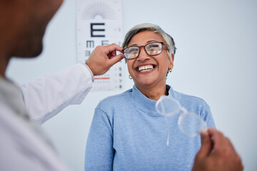Glasses, doctor or happy old woman in eye test assessment for healthcare, wellness or vision examination. Smile, visual or mature client testing a optician or optometrist in optometry consultation - Powered by Adobe