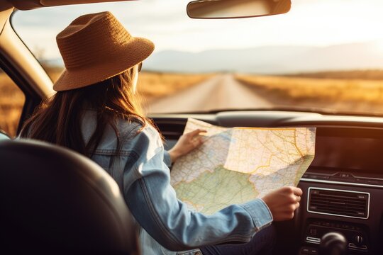 Woman traveling alone sitting in car with map, AI Generated