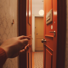 Hands of a man opening an orange door in an old house.Generative AI