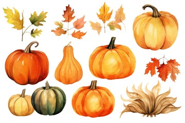 Watercolor Fall Decor Clip art pumpkins and leaves on white background Generative AI