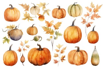 Watercolor Fall Decor Clip art pumpkins and leaves on white background Generative AI