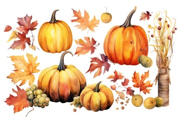 Watercolor Fall Decor Clip art pumpkins and leaves on white background Generative AI