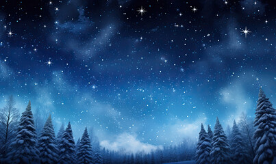 winter landscape at night with stars in the sky.