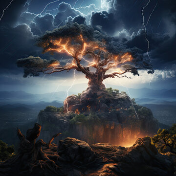 Lightning Striking A Tree At Night, Art, Generative Ai