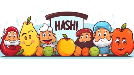 Fototapeta premium Rosh Hashanah Jewish holiday banner design with honey jar, apple and pomegranate funny cartoon characters holding shofar , Jewish horn. AI generated. 