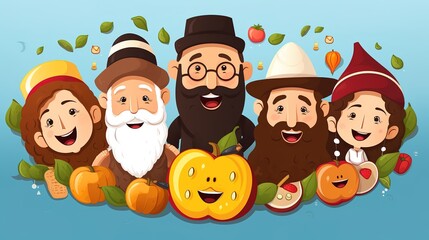 Obraz na płótnie Canvas Rosh Hashanah Jewish holiday banner design with honey jar, apple and pomegranate funny cartoon characters holding shofar , Jewish horn. AI generated. 