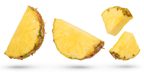 Ripe pineapple slices on a white isolated background. Pineapples of different ways of cutting. Pineapple isolate with remnants of peel of various shapes. To be inserted into a design or project.