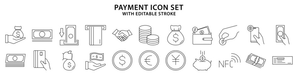 Payment icons. Set icon about payment. Line Icons. Vector Illustration. Editable Stroke.