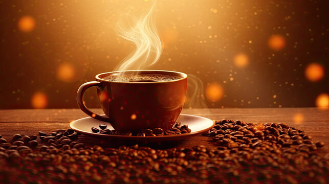 Close up overhead view of a cup of strong frothy espresso coffee on a rough textured wooden surface with dark vignetting and a highlight around the mug, with copyspace.