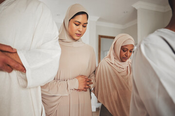 Prayer, muslim and islamic with women in living room for eid mubarak, God and worship. Quran, hope...