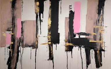 Abstract painting background with alcohol ink, glitter, pink, beige, black and gold spots and smudges. Generative AI