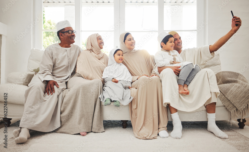 Sticker Selfie, Islam and big family on sofa with smile, grandparents and parents with kids in Arab home. Portrait of Muslim men, women in hijab and happy children, generations in sitting on couch together.