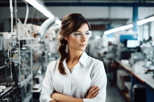 Thoughtful female technician looking away while standing in factory.
