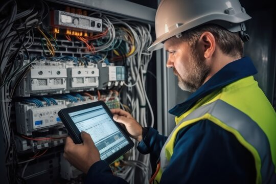 Electrical engineer is installing and using a tablet to monitor the operation of electrical control panel in a factory service room.