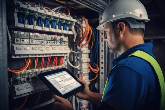 Electrical engineer is installing and using a tablet to monitor the operation of electrical control panel in a factory service room.