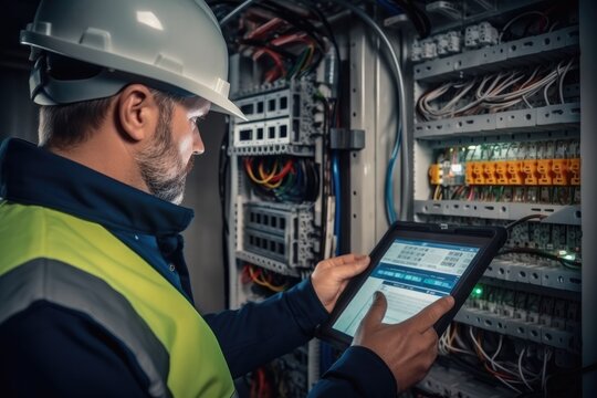 Electrical engineer is installing and using a tablet to monitor the operation of electrical control panel in a factory service room.