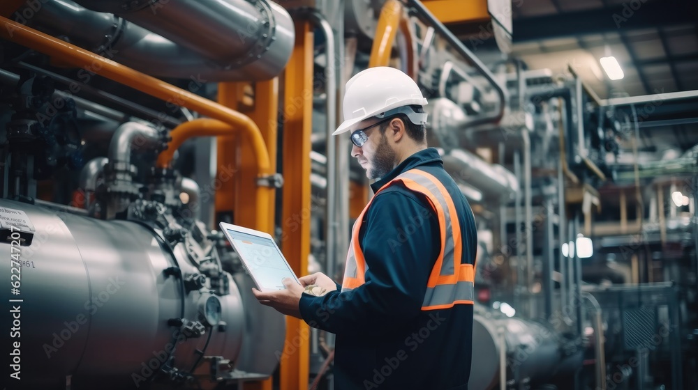 Poster professional worker of modern factory using laptop for checking machine in manufacturing industry.