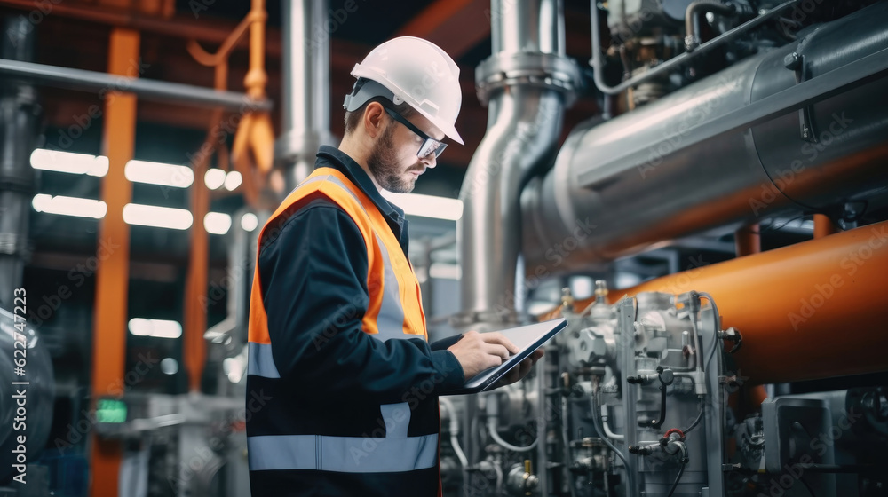 Poster Professional worker of modern factory using laptop for checking machine in manufacturing industry.
