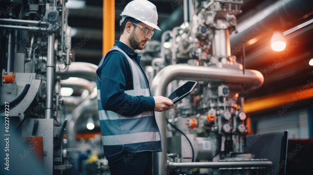 Poster professional worker of modern factory using laptop for checking machine in manufacturing industry.