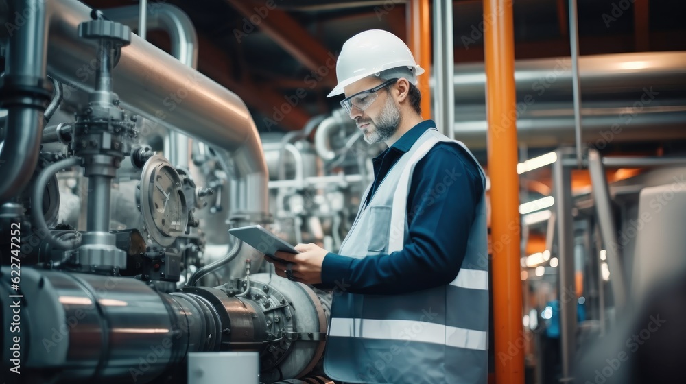 Poster professional worker of modern factory using laptop for checking machine in manufacturing industry.