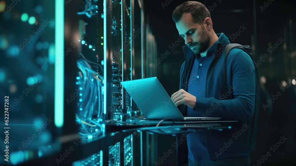 Aufkleber IT Professional Admin Using Laptop in Data Center while Working Next to Server Racks Running Diagnostics or Doing Maintenance Work.
