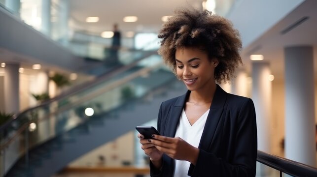 African American businesswoman are using a smartphone in modern office.