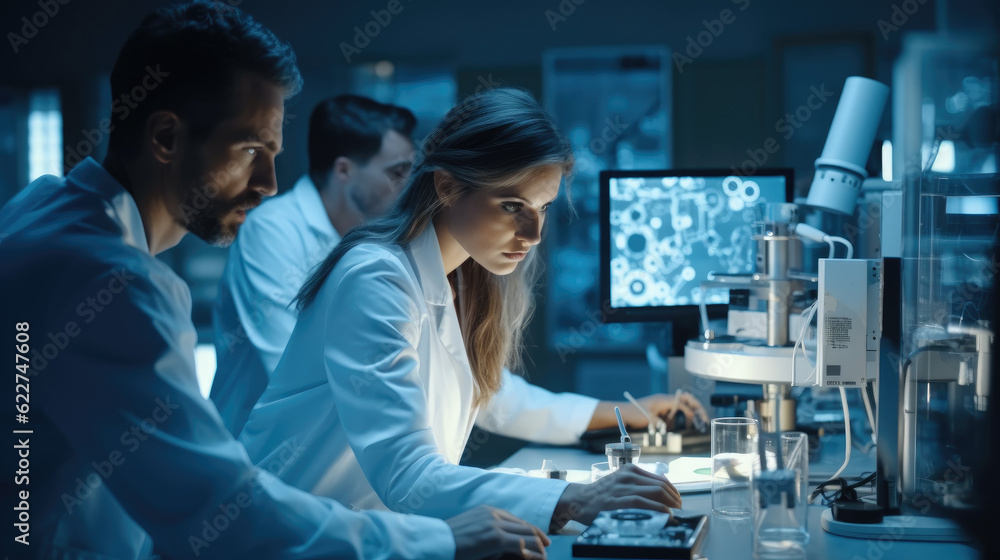 Poster diverse team of industrial scientists are working in technology research laboratory.