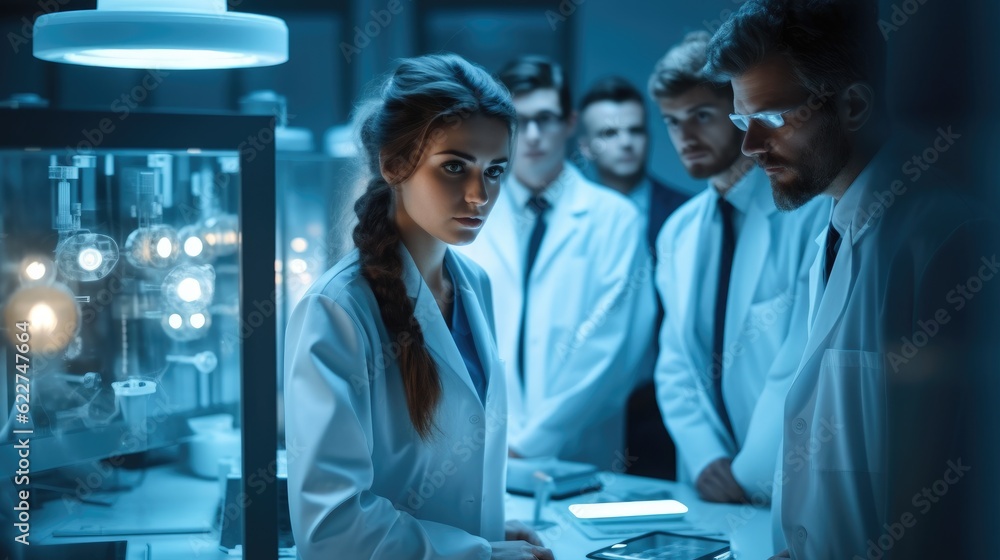 Poster diverse team of industrial scientists are working in technology research laboratory.