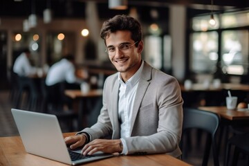 Fototapeta premium Cheerful businessman in smart casual is sitting using laptop computer at a desk in a cafe.