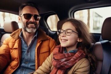 Happy family of father and children enjoying road trip together, AI Generative