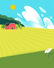 Landscape with a barn and flowers in sunny day.