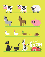 Farm animals set. Cow sheep duck pig donkey dogs and cats.