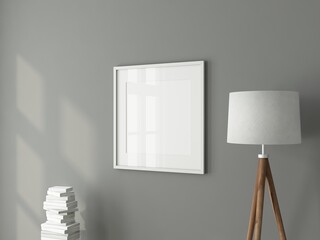 Square Art Frame Mockup with passepartout on Gray wall with lamp, 3d rendering