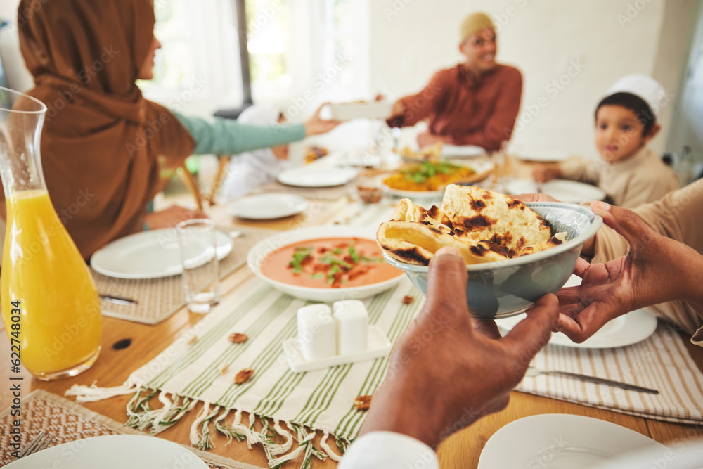 Poster Food, roti and muslim with hands of family at table for eid mubarak, Islamic celebration and lunch. Ramadan festival, culture and iftar with closeup of people at home for fasting, islam or religion