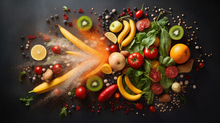 Obraz na płótnie Canvas Nourishing Organic Food Explosion: Promoting Healthy Eating with Fruits and Vegetables. Top View, High-Resolution, Product Lighting