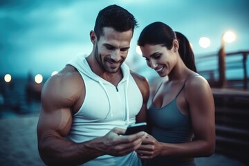 Fototapeta premium Young adult fitness couple looking at smartphone while exercising outdoors.