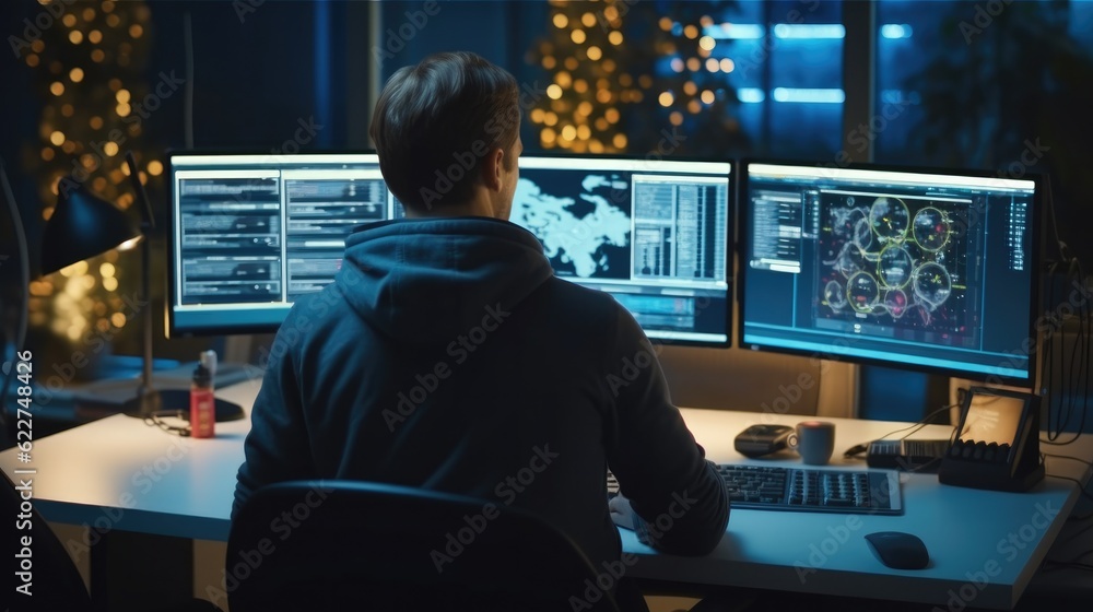Aufkleber IT Specialist Works on Personal Computer with Screens Showing Software Program with Coding Language Interface, Technical Room of Data Center.