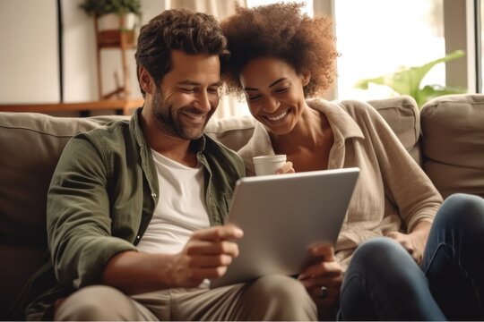 Young couple watching media content online in a tablet sitting on a sofa in the living room, Relax on weekends.