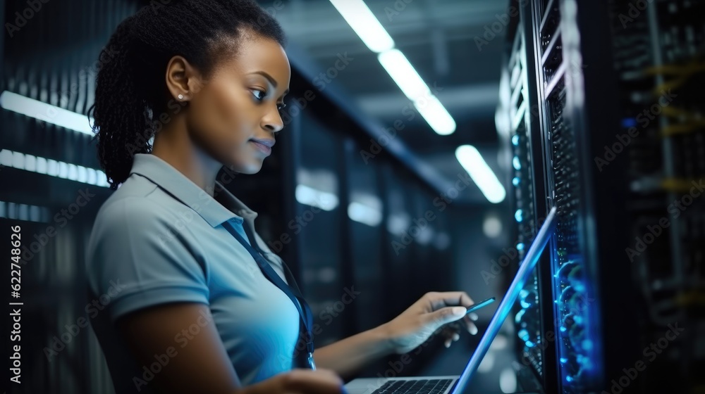 Aufkleber african american woman using tablet while working in data center and checking hardware on server rac