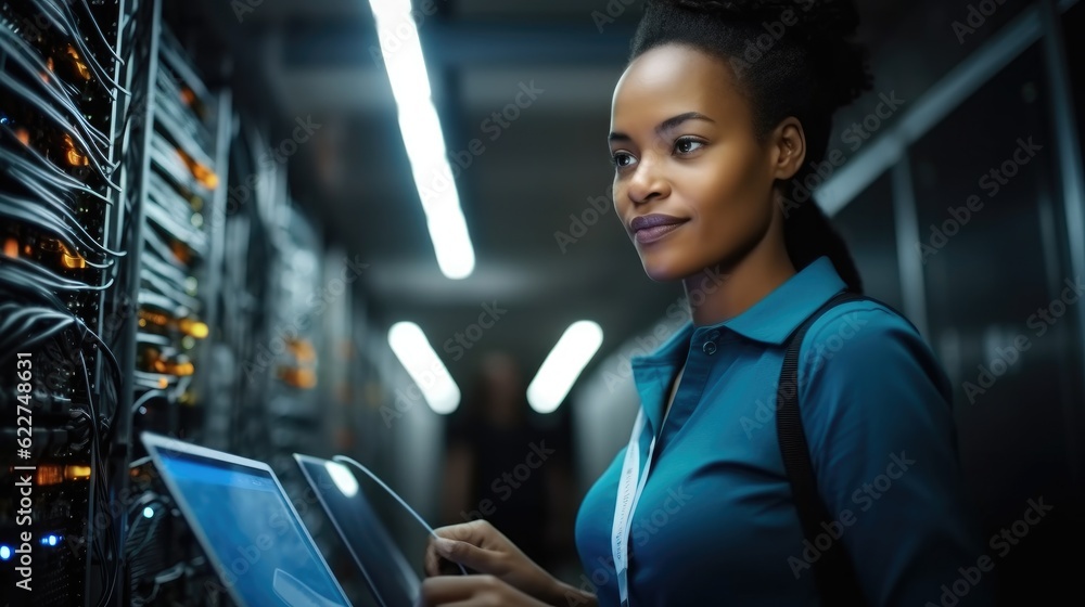 Leinwandbilder african american woman using tablet while working in data center and checking hardware on server rac