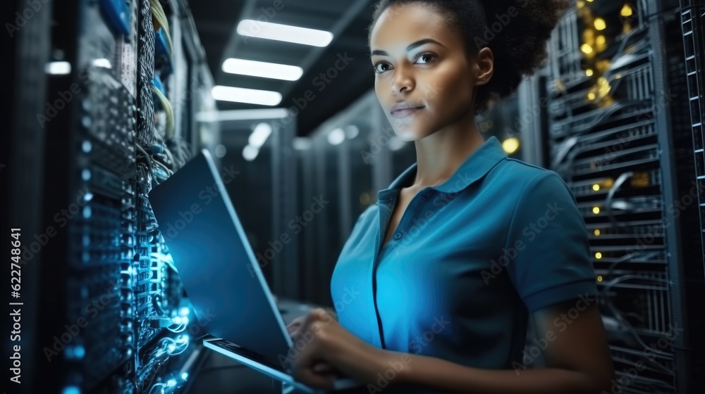 Leinwandbilder african american woman using tablet while working in data center and checking hardware on server rac
