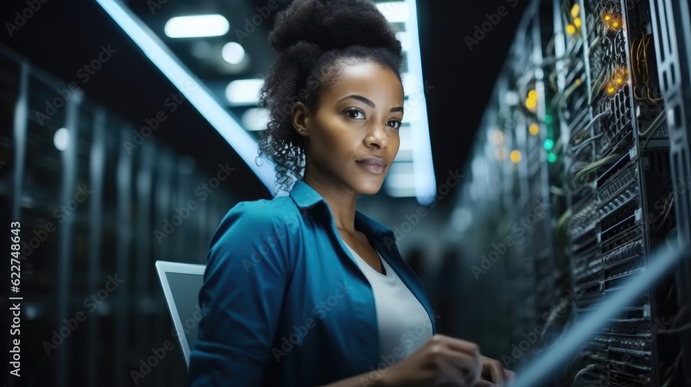 Poster african american woman using tablet while working in data center and checking hardware on server rac